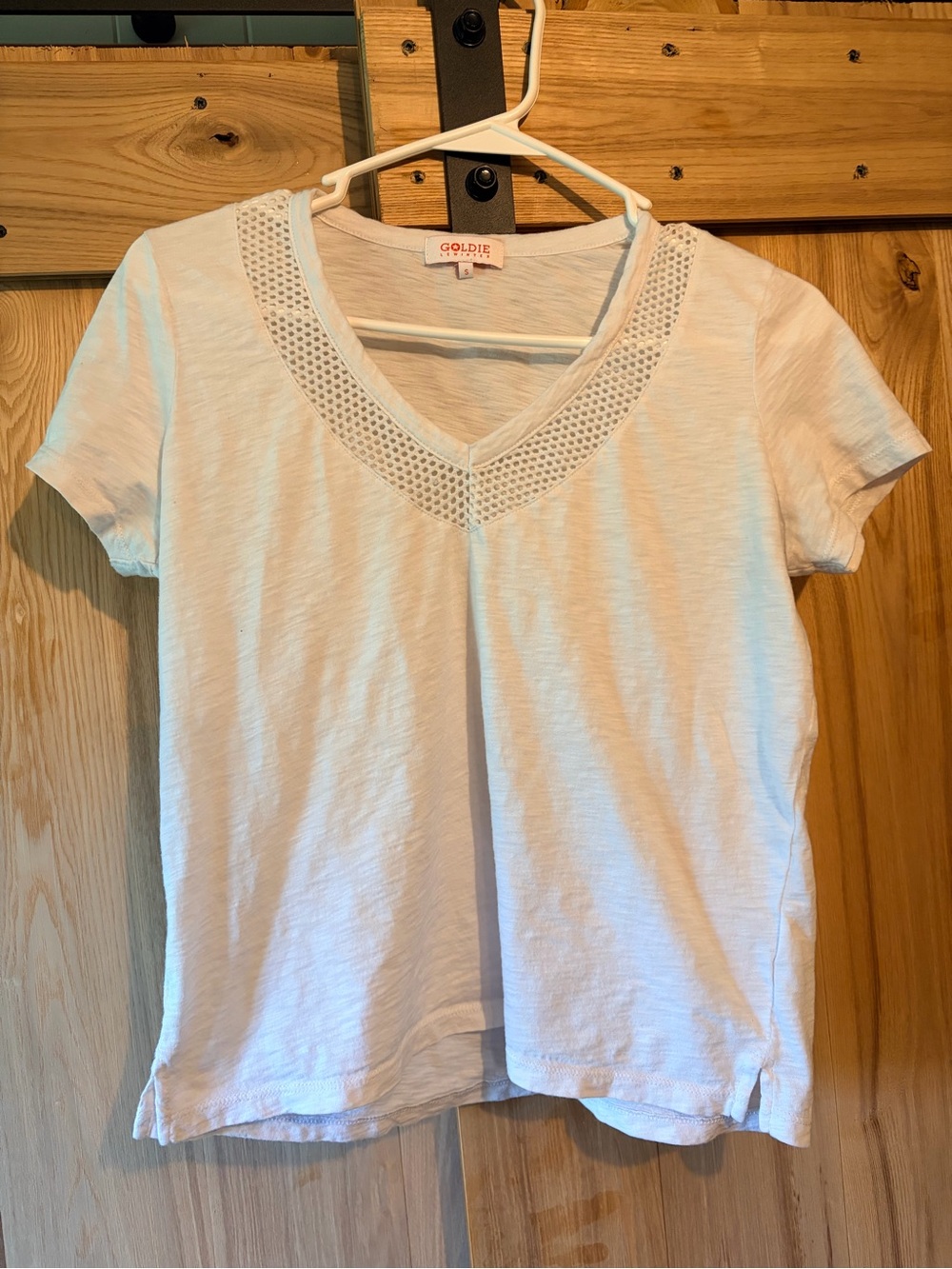 Goldie Women’s White Short Sleeve V-Neck Tee with Crochet Trim